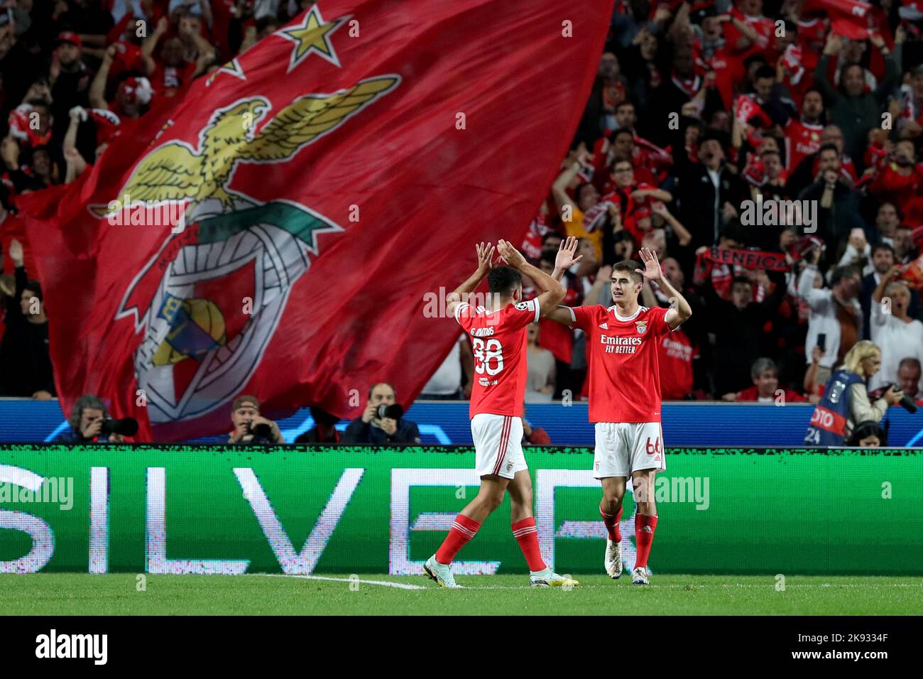 Lisbon, Portugal. 25th Oct, 2022. Antonio Silva (R) of Benfica celebrates with teammate Goncalo Ramos during the UEFA Champions League group H match between SL Benfica and Juventus in Lisbon, Portugal, on Oct. 25, 2022. Credit: Pedro Fiuza/Xinhua/Alamy Live News Stock Photo