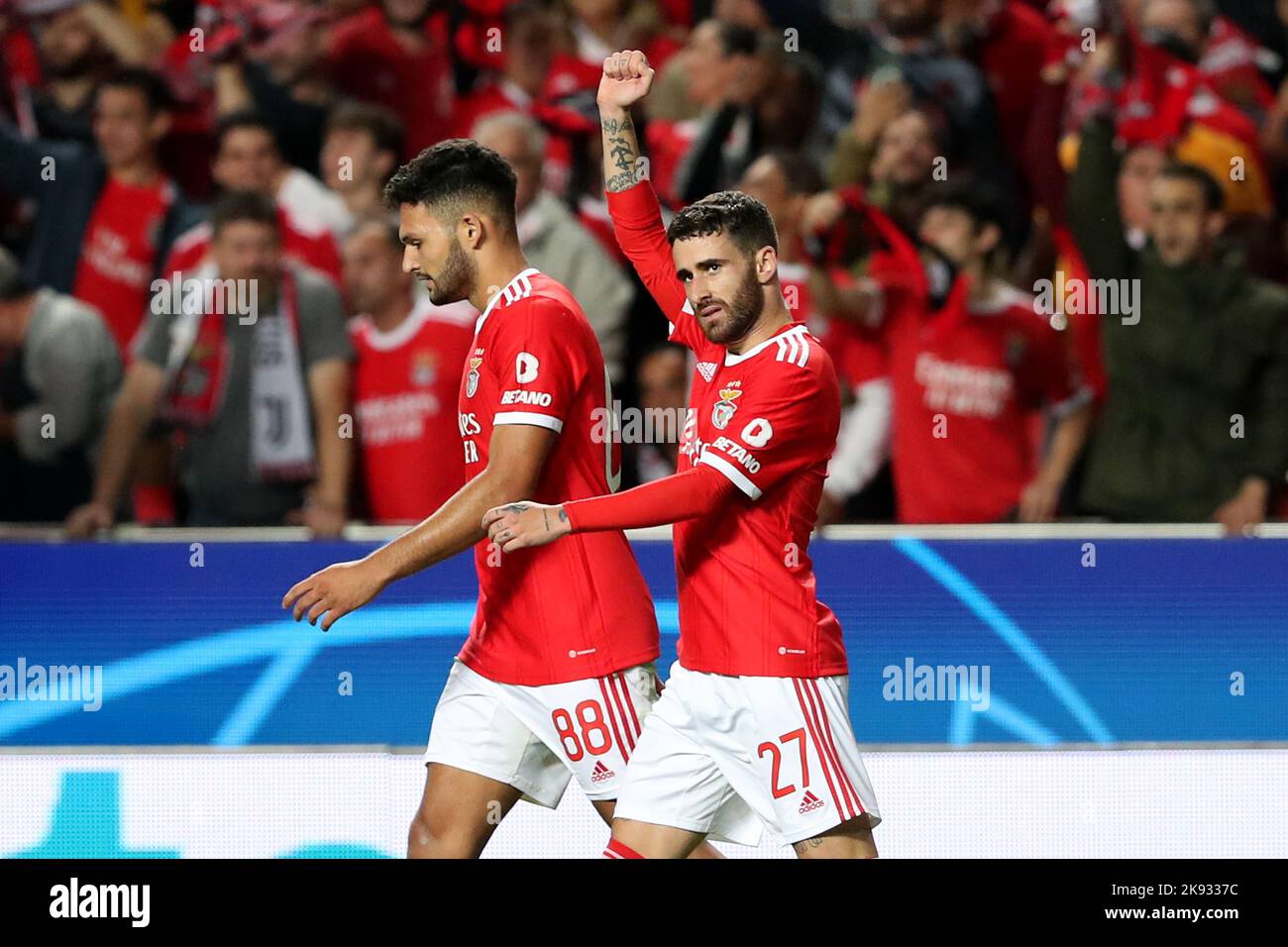 Lisbon, Portugal. 25th Oct, 2022. Rafa Silva (R) of Benfica celebrates his goal during the UEFA Champions League group H match between SL Benfica and Juventus in Lisbon, Portugal, on Oct. 25, 2022. Credit: Pedro Fiuza/Xinhua/Alamy Live News Stock Photo