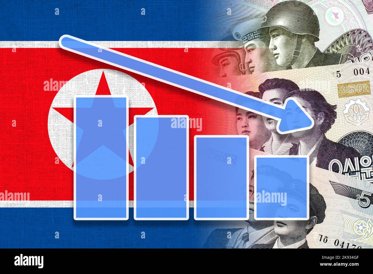Economy Graph Down Arrow, North Korean Flag and North Korean Won Cash