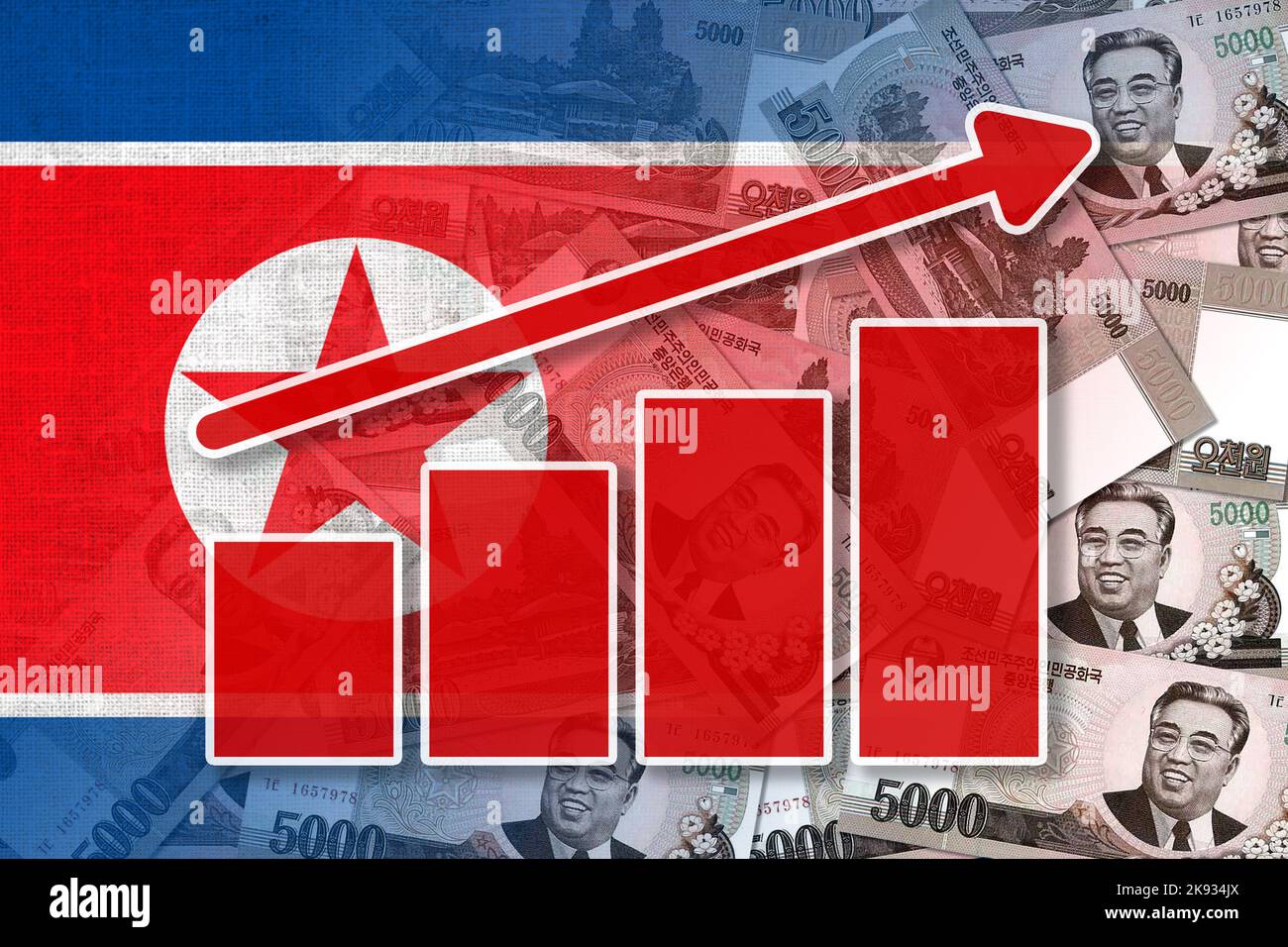 Economy Graph Up Arrow, North Korean Flag and North Korean Won Cash