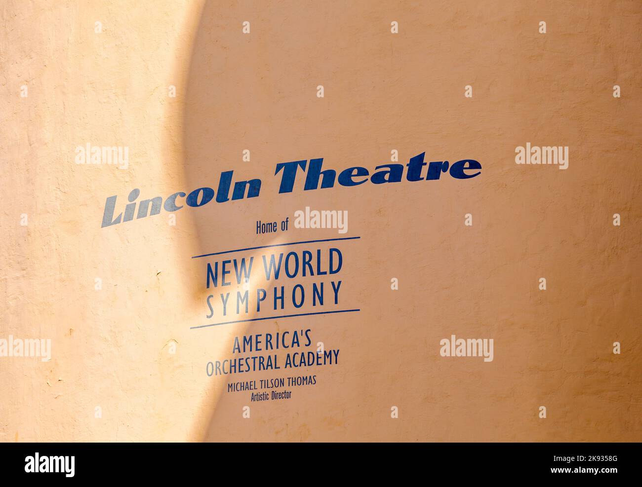 MIAMI BEACH, USA - AUGUST 02, 2010: lincoln theatre sign at housewall  in Miami Beach, Florida.  The Lincoln Theatre is the home of the New World Symp Stock Photo