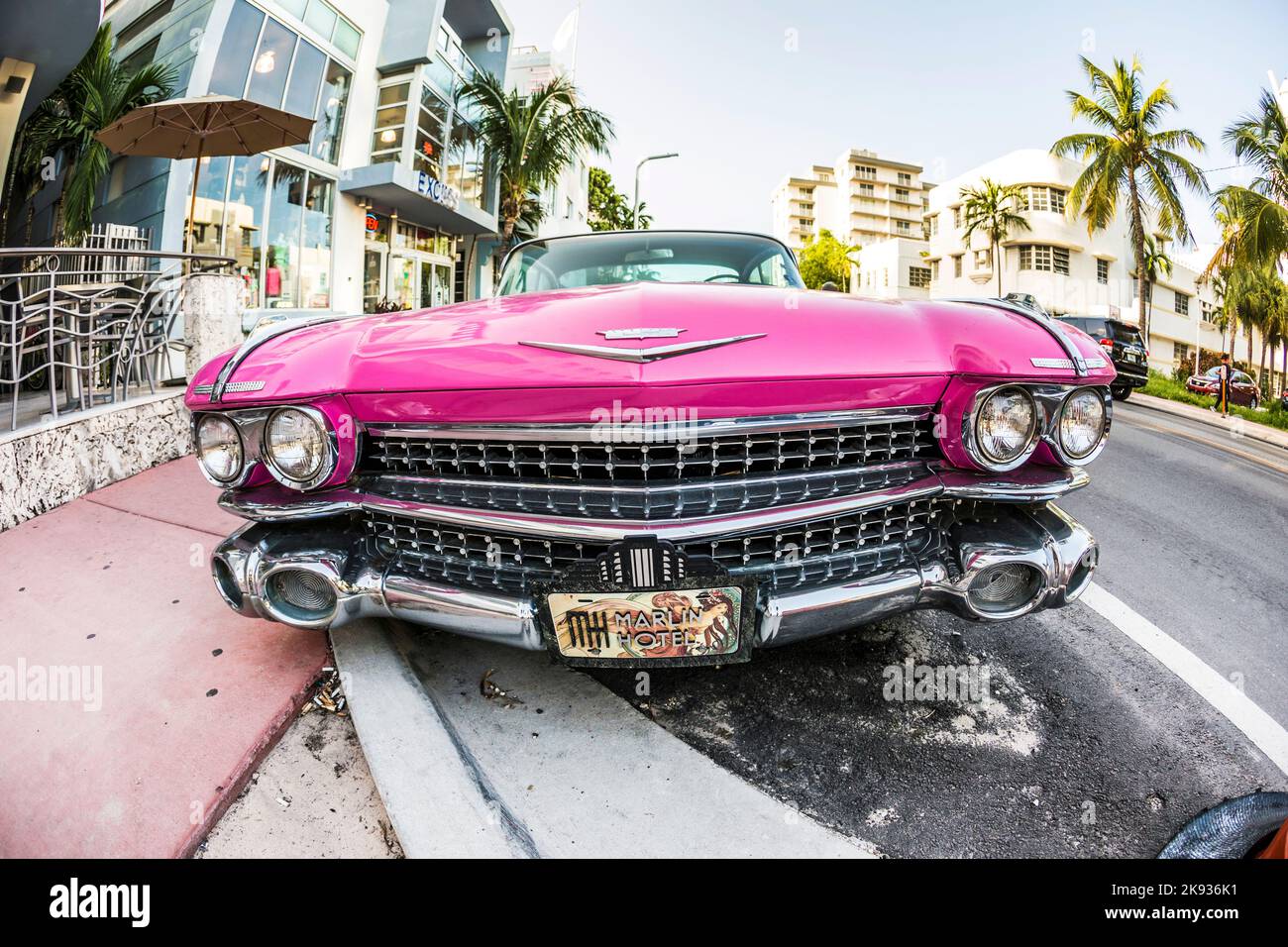 MIAMI, USA - AUG 18, 2014 : Cadillac Vintage car parked at Ocean Drive