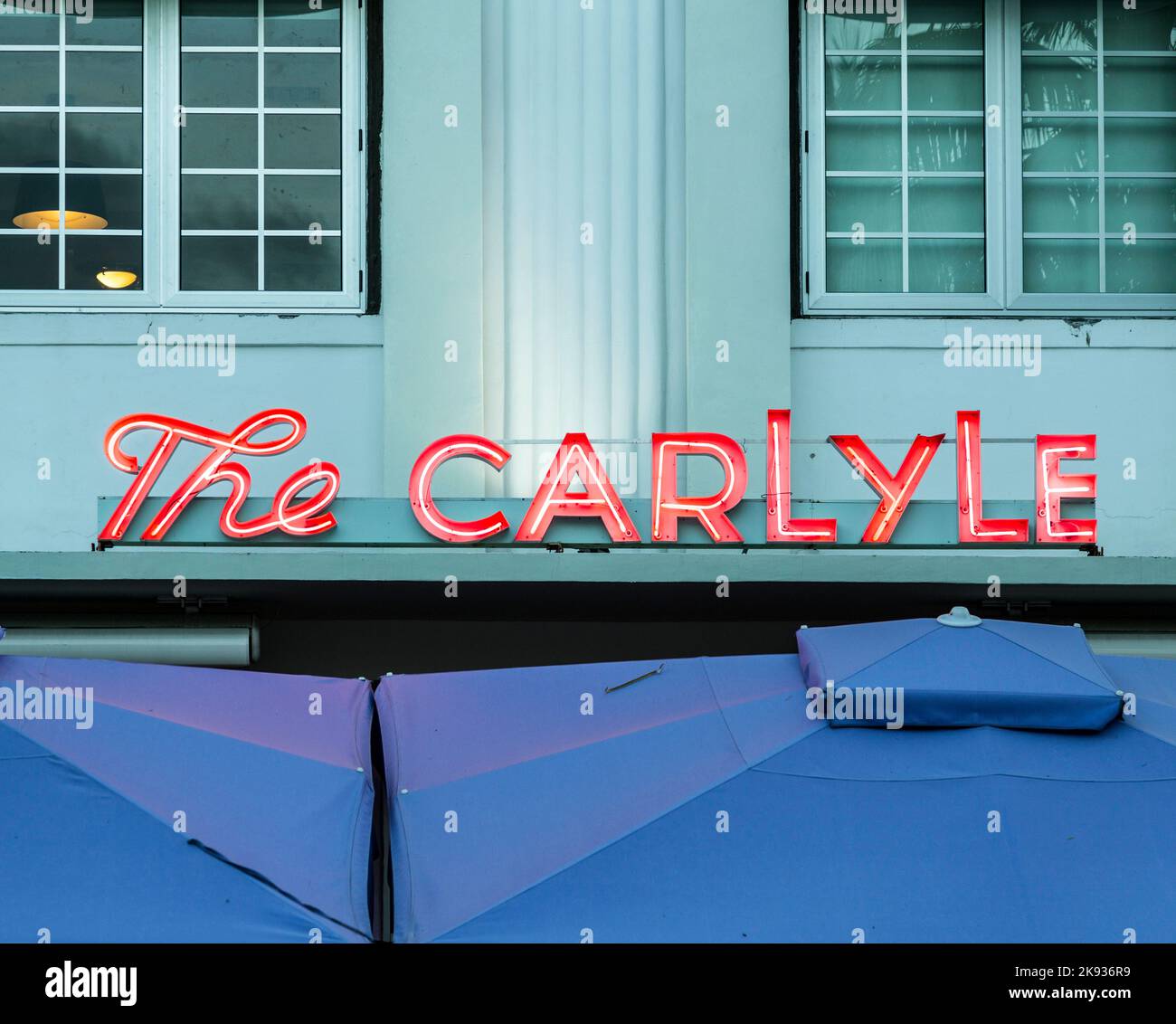 MIAMI , USA - AUG 23, 2014: Night view at Ocean drive with The Carlyle hotel in Miami, USA. It was designed by Kiehnel and Elliott and opened in 1939. Stock Photo