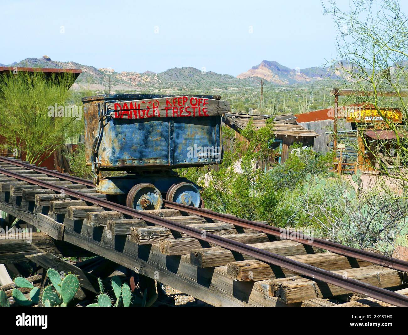 GOLDFIELD GHOST TOWN, USA -  MARCH 3, 2011: mining equipment in Goldfield Ghost town, USA. Back in 1he 1890s Goldfield boasted 3 saloons, boarding hou Stock Photo