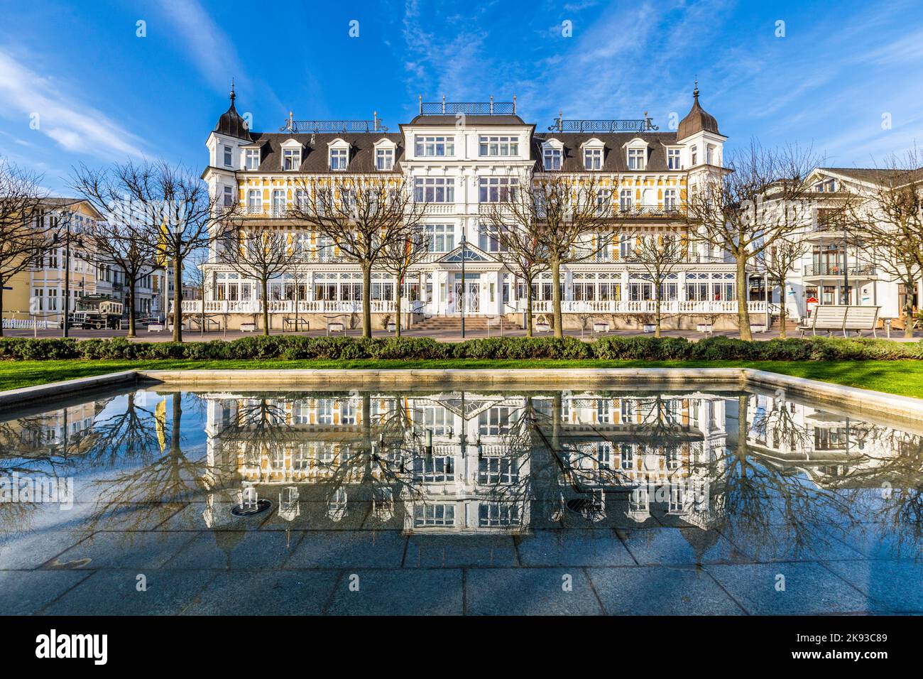 AHLBECK, GERMANY - APRIL 17, 2014: facade of Ahlbecker Hof in Ahlbeck, Germany. Dating back to 1890, the Seetel Romantik Seehotel Ahlbecker Hof boasts Stock Photo