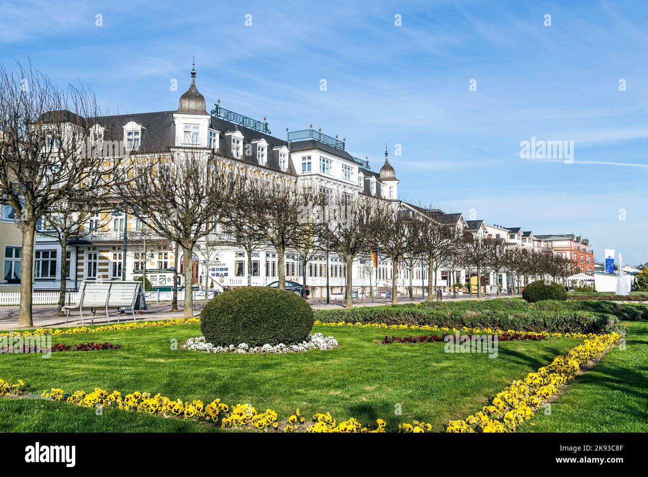AHLBECK, GERMANY - APRIL 17, 2014: facade of Ahlbecker Hof in Ahlbeck, Germany. Dating back to 1890, the Seetel Romantik Seehotel Ahlbecker Hof boasts Stock Photo