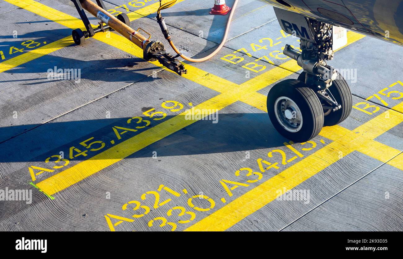 FRANKFURT, GERMANY - JULY 24: Close up of aircraft wheel at the gate in Frankfurt, Germany. The gates can be used by Boeing and Airbus aircrafts, deta Stock Photo