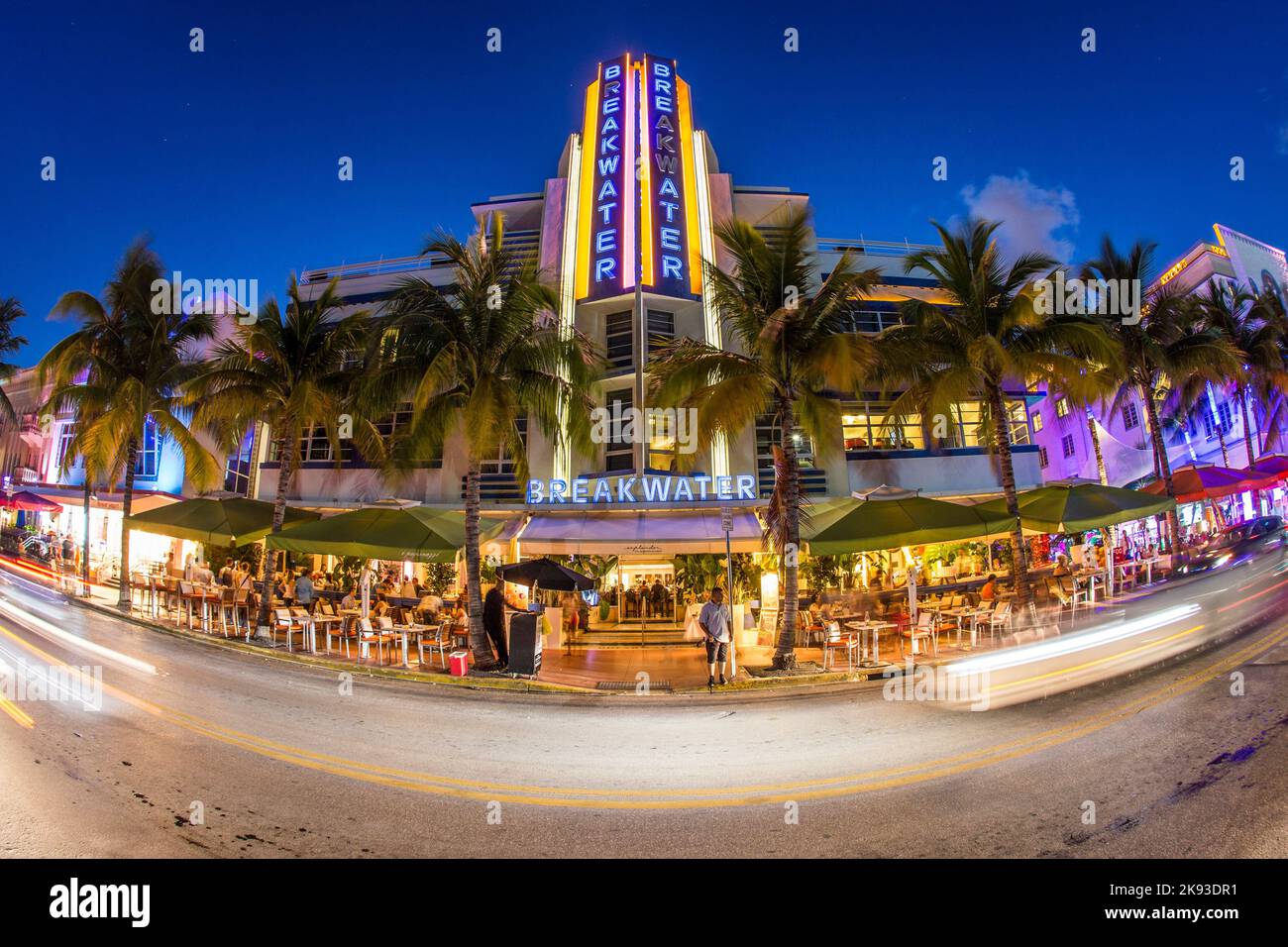 MIAMI, USA - AUG 23, 2014: Breakwater hotel located at Ocean Drive and built in the 1930's is one of the most photographed hotels in South Beach in Mi Stock Photo