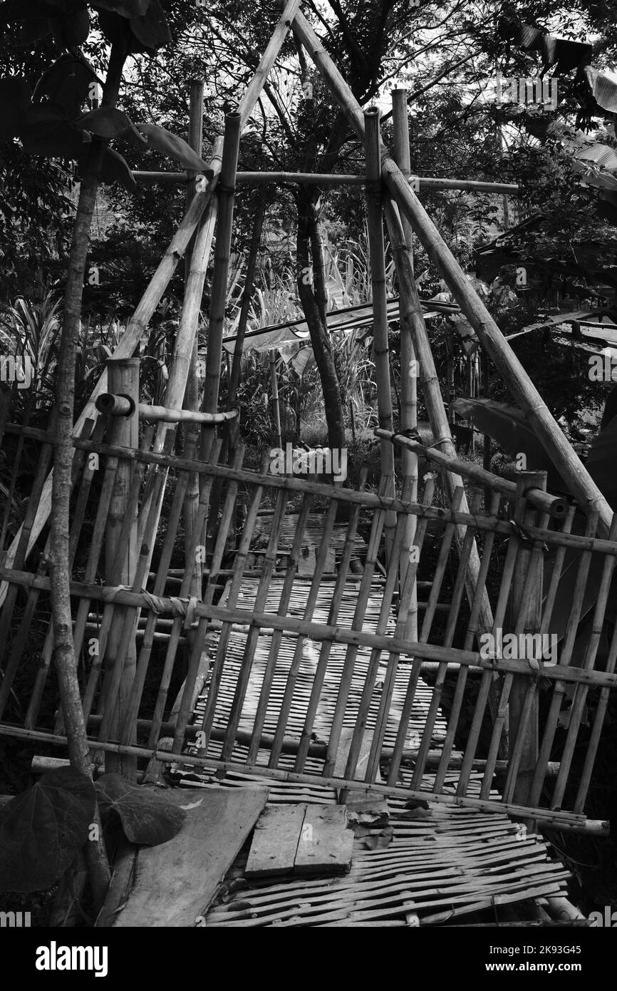 Black and white photo, Monochrome photo of bamboo bridge in Cicalengka - Indonesia Stock Photo