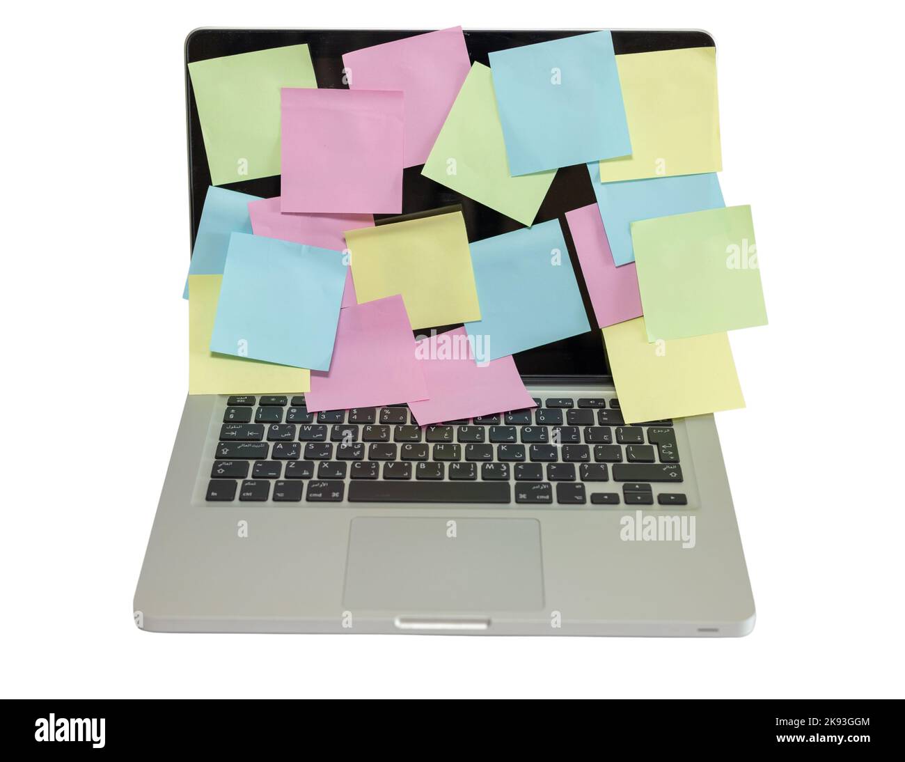 Blank reminder note paper on a laptop screen or busy work concept Stock Photo