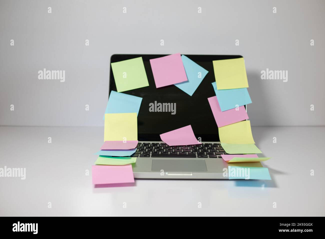 Laptop full of an empty stickers isolated on a white background Stock Photo