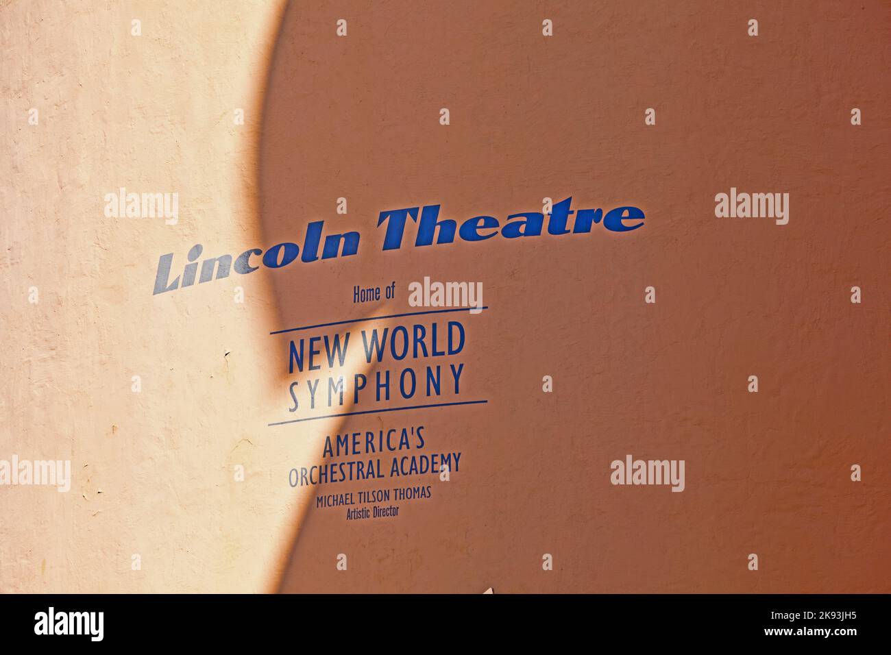 Miami, USA - July 27, 2010:  Midday view at Lincoln Road to the Sign Lincoln Theater in Miami Beach, Florida.  The Lincoln Theatre is the home of the Stock Photo