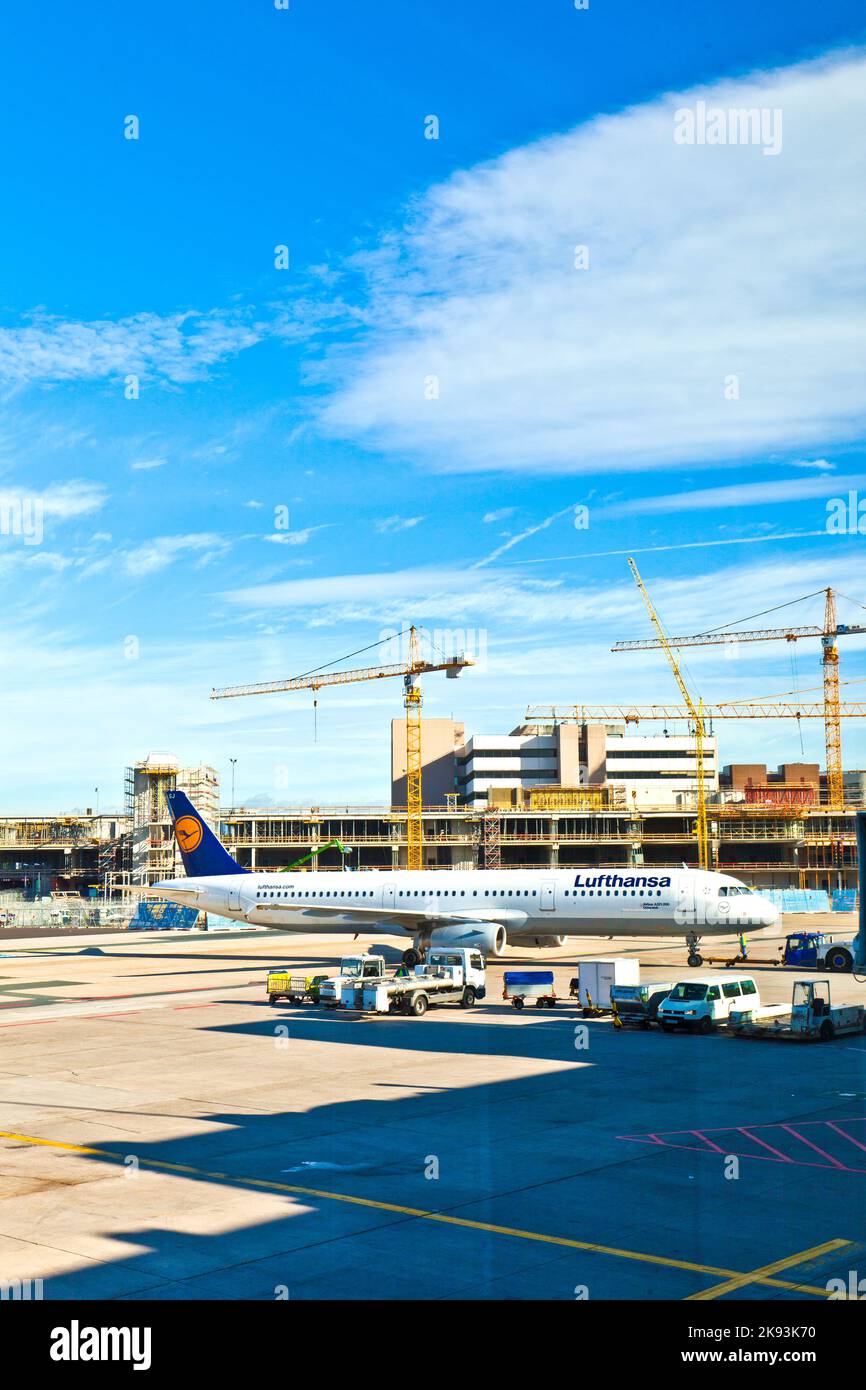 FRANKFURT, GERMANY - AUG 25: Lufthansa Flight ready to head to runway on August, 25, 2011 in Frankfurt, Germany. New Terminal A is under construction Stock Photo