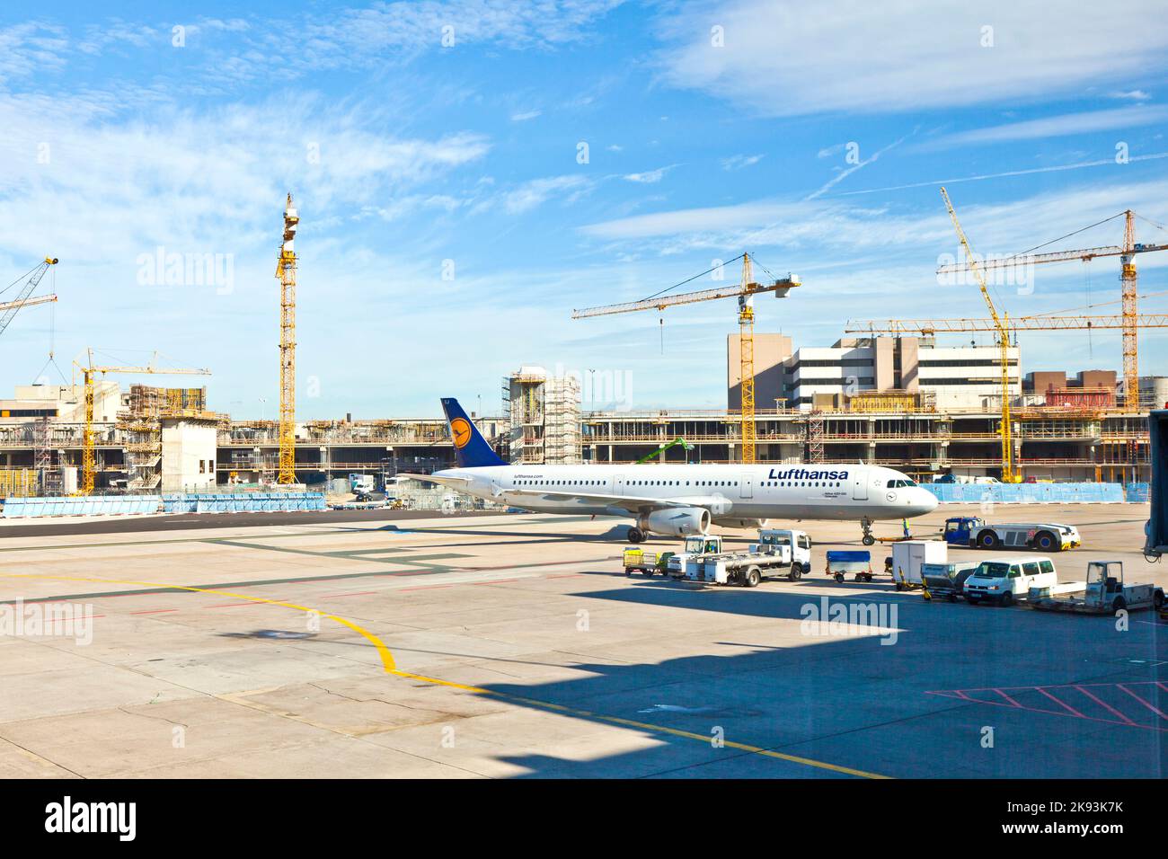 FRANKFURT, GERMANY - AUG 25: Lufthansa Flight ready to head to runway on August, 25, 2011 in Frankfurt, Germany. New Terminal A is under construction Stock Photo