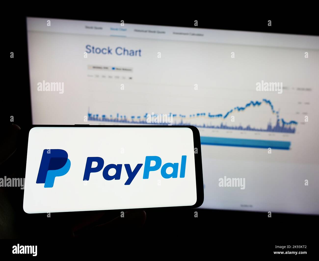 Person holding mobile phone with logo of American financial company PayPal Holdings Inc. on screen in front of web page. Focus on phone display. Stock Photo