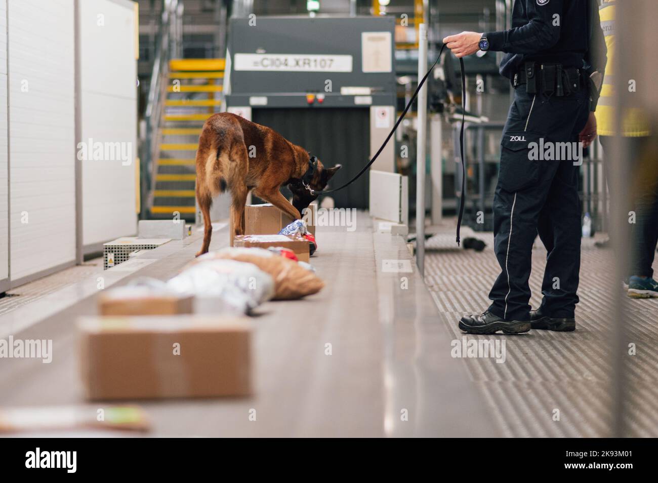 Cologne, Germany. 21st Oct, 2022. A customs dog handler searches for packages containing drugs with his sniffer dog in the cargo area of Cologne/Bonn Airport. Customs checks several hundred packages every night in search of drugs. Credit: Marius Becker/dpa/Alamy Live News Stock Photo