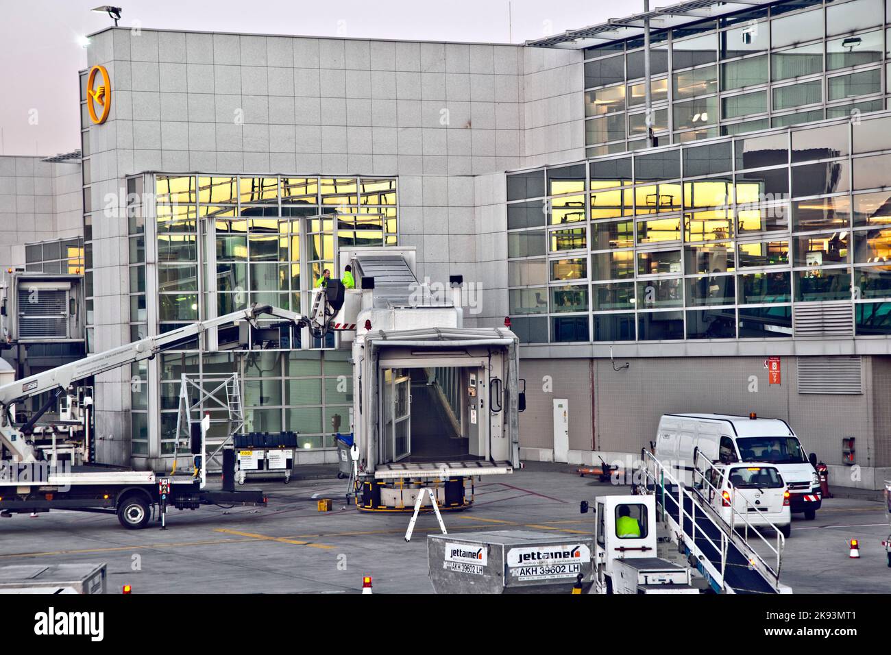 Hamburg, Germany - October 26, 2011: Arriving with Lufthansa in A-Finger  Terminal 1 in Frankfurt, Germany. The A-Finger was inaugurated 2010 and offe Stock Photo