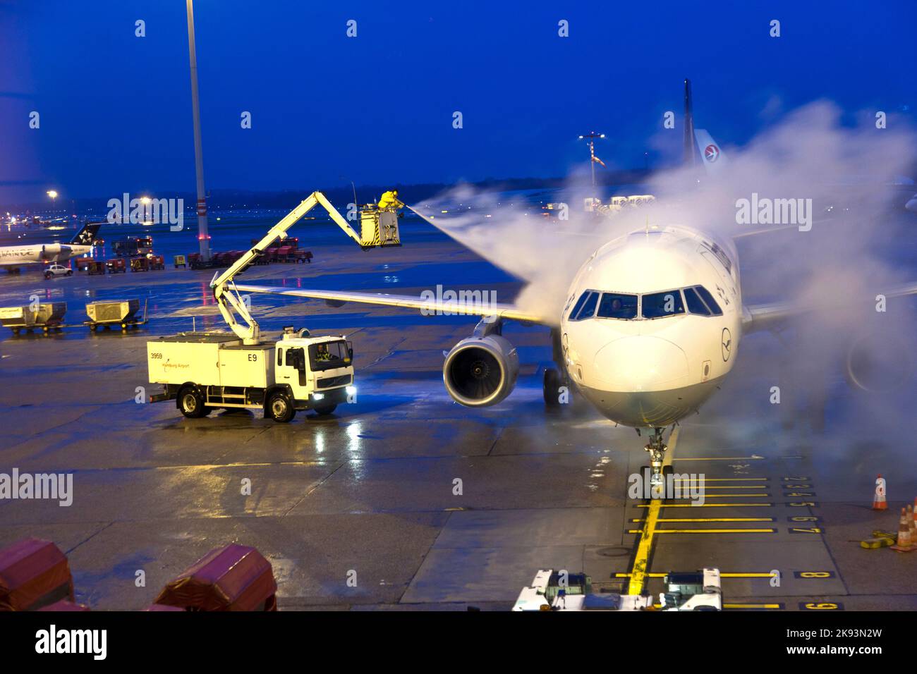 HAMBURG, GERMANY DECEMBER 6 Deicing of the Lufthansa plane before
