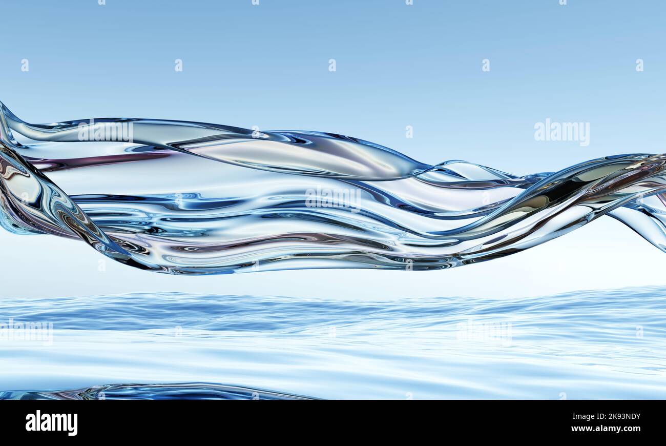 3d abstract glossy wavy background. Transparent glass ribbon flying on ...