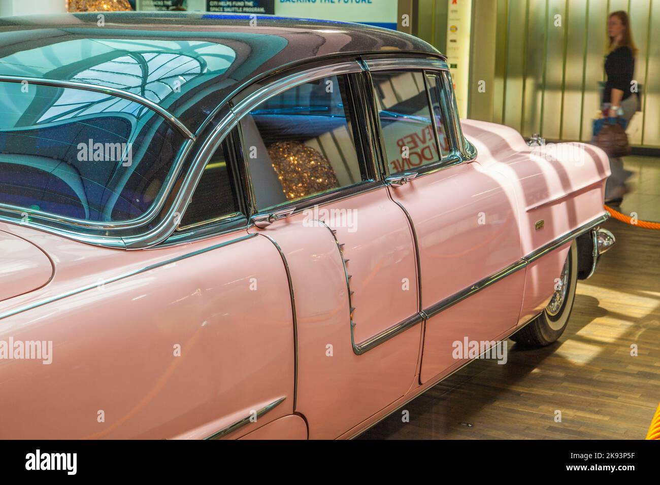 FRANKFURT, GERMANY - JUNE 8:  pink 1956 Cadillac at the airport on June 8, 2012 in Frankfurt, Germany. It belongs to the museum of Sinsheim with more Stock Photo