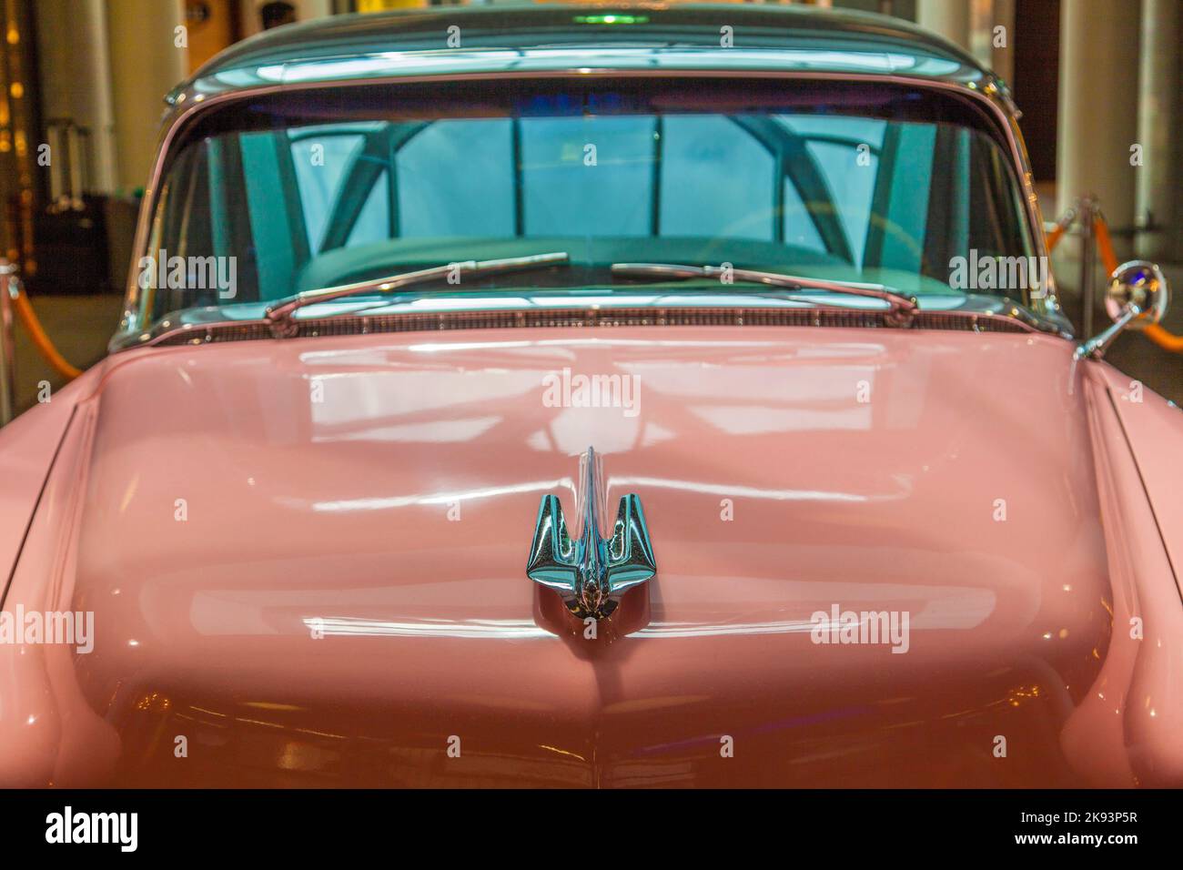 FRANKFURT, GERMANY - JUNE 8:  pink 1956 Cadillac at the airport on June 8, 2012 in Frankfurt, Germany. It belongs to the museum of Sinsheim with more Stock Photo
