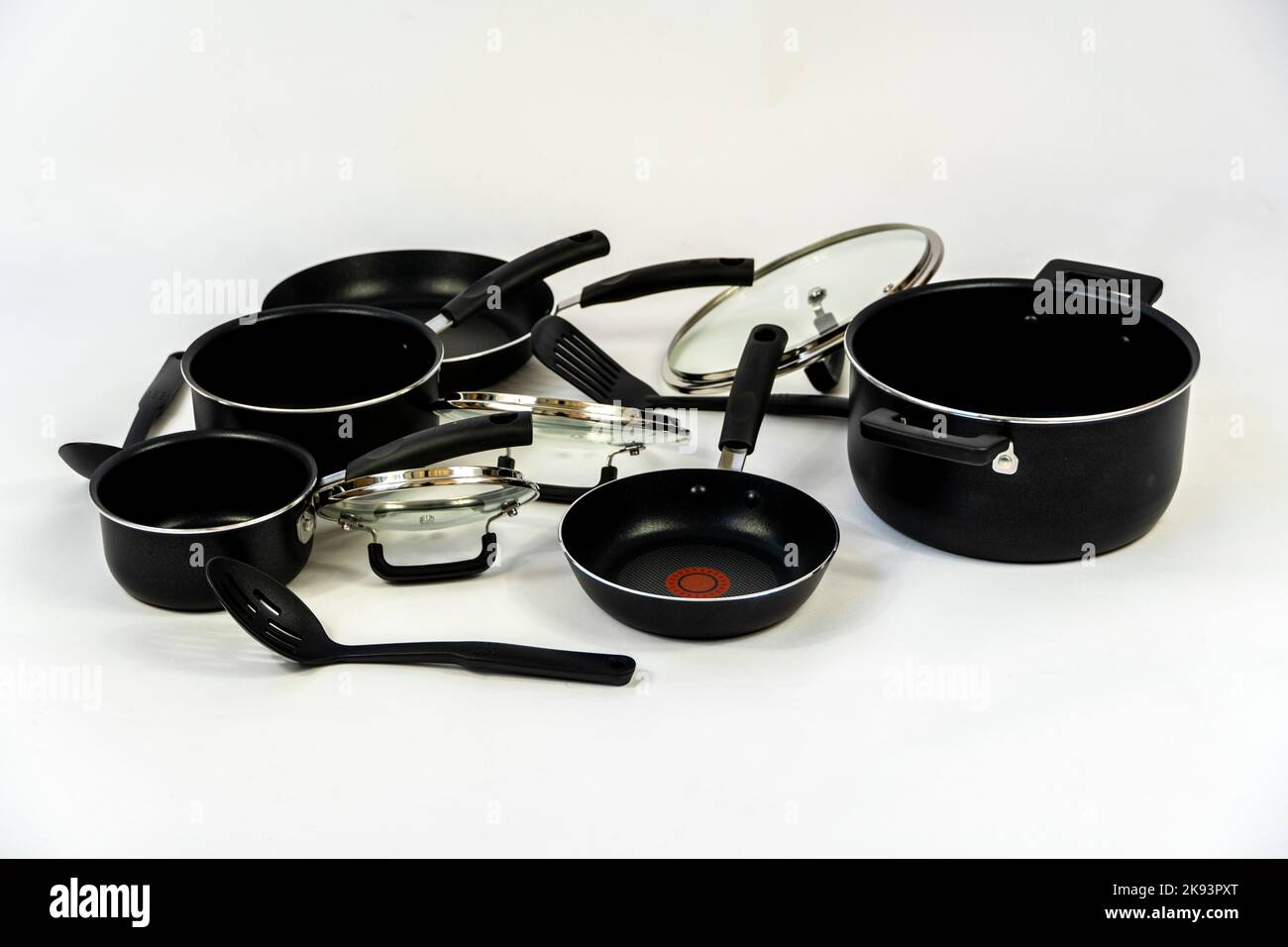 cookware set, steel dinner set isolated on white background, black