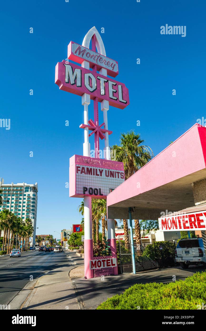 Las Vegas, USA - June 15, 2012:  retro design monterey motel sign in Las Vegas, USA. Monterey hotel from 1944 is one of the older small motels at Las Stock Photo