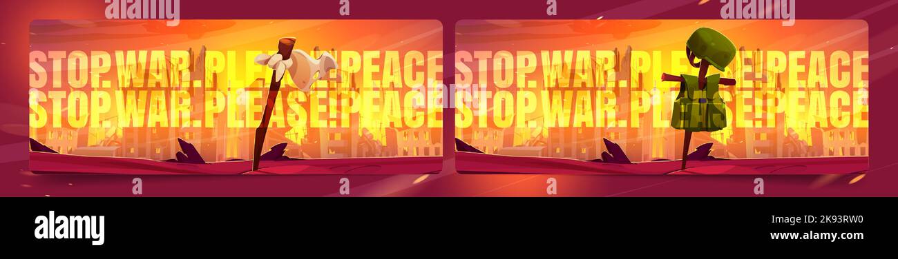 Set of stop war cartoon banners. Vector illustration of destroyed city buildings on fire and soldier grave with body armor on cross, white flag on pole. Collection posters calling for peace in world Stock Vector