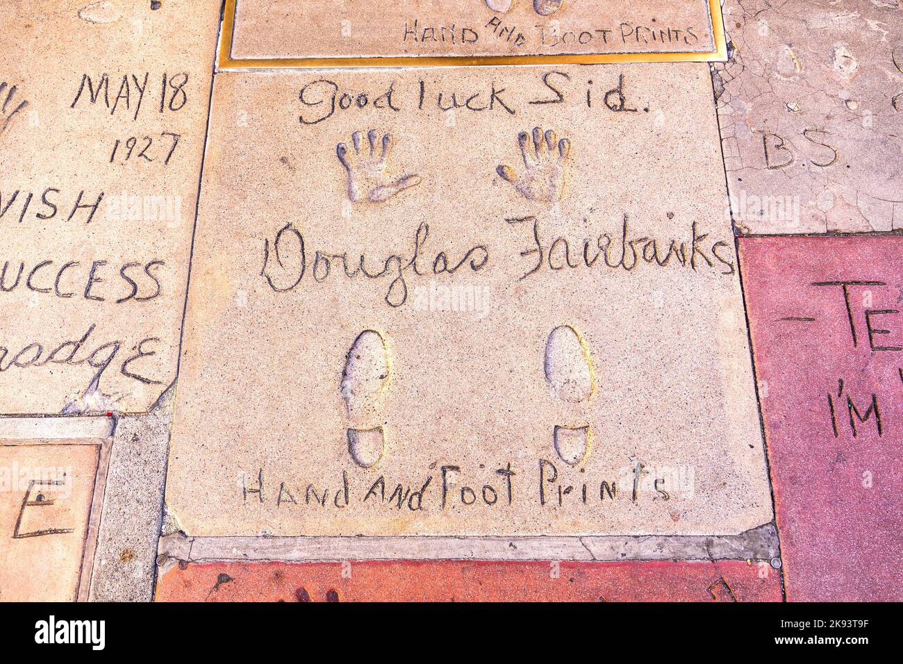 LOS ANGELES - JUNE 26:  handprints of Douglas Fairbanks in Hollywood Boulevard on June 26,2012 in Los Angeles. There are nearly 200 celebrity handprin Stock Photo