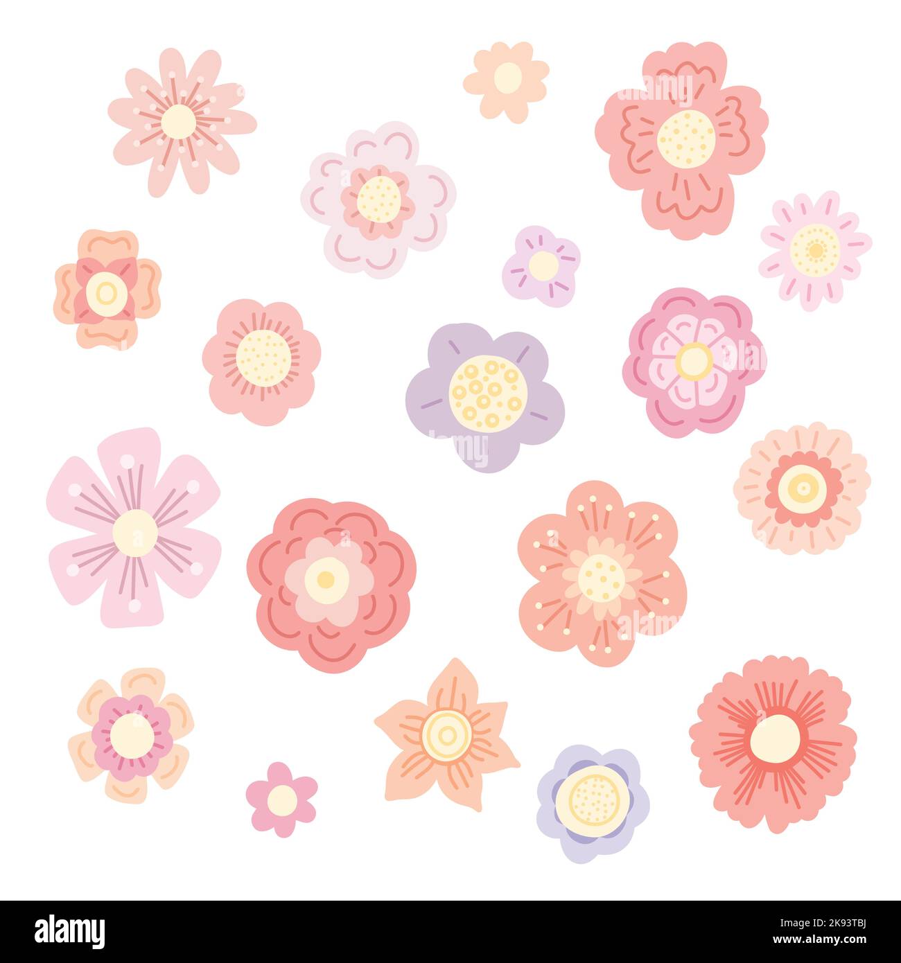 Vector set of delicate hand drawn flowers isolated from background. Collection of tender cartoon ditsy. Pastel floral kit for nursery stickers Stock Vector