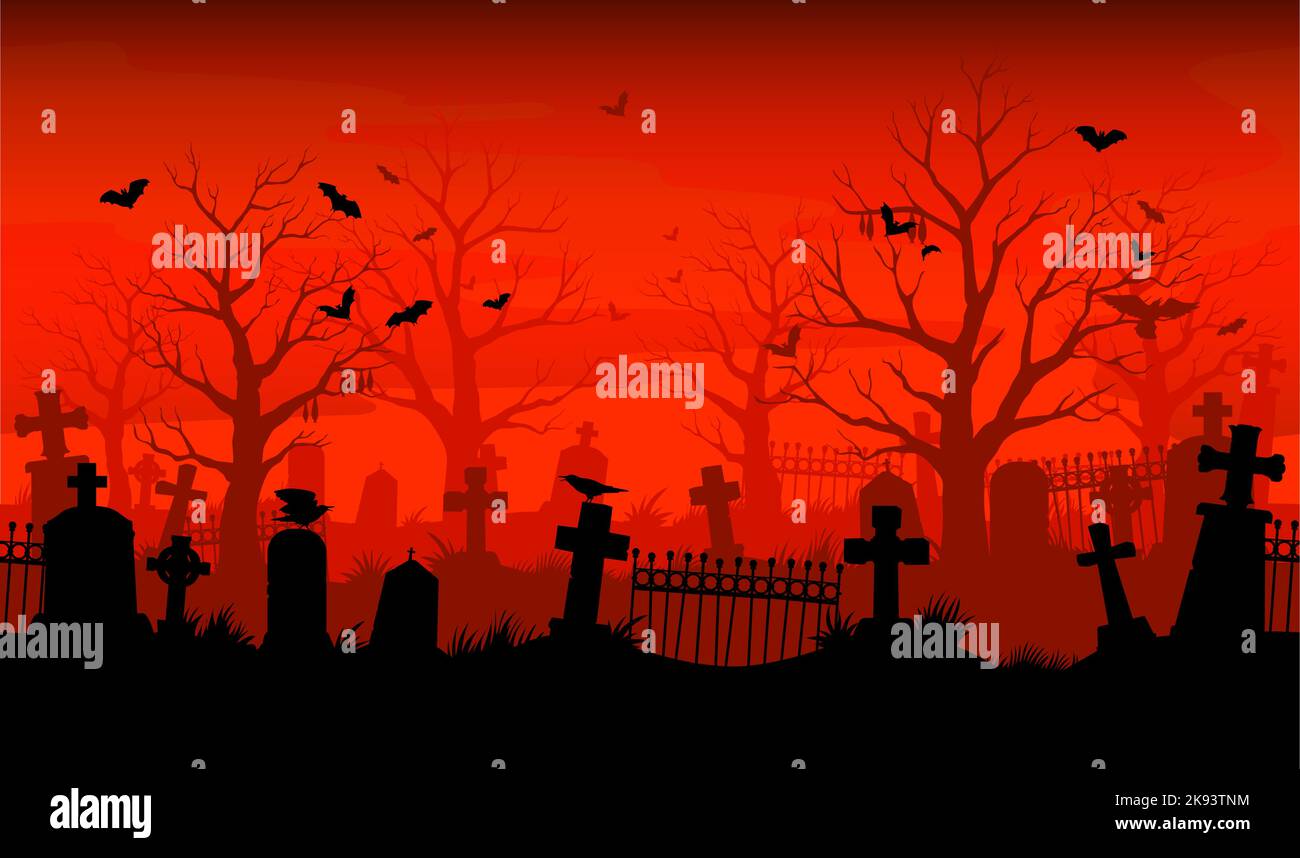 Old cemetery silhouette. Abandoned graveyard. Nightmare tombstone scary wallpaper, Halloween horror vector cover or background, creepy backdrop with graveyard crosses, bats and crows silhouettes Stock Vector