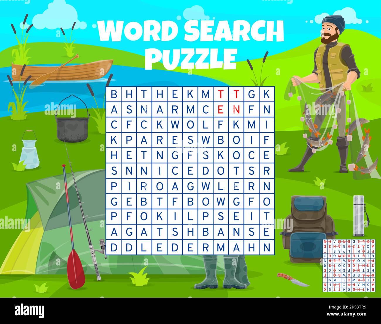 Fishing sport and camping word search puzzle game worksheet vector Fishing sport and camping word search puzzle game worksheet vector