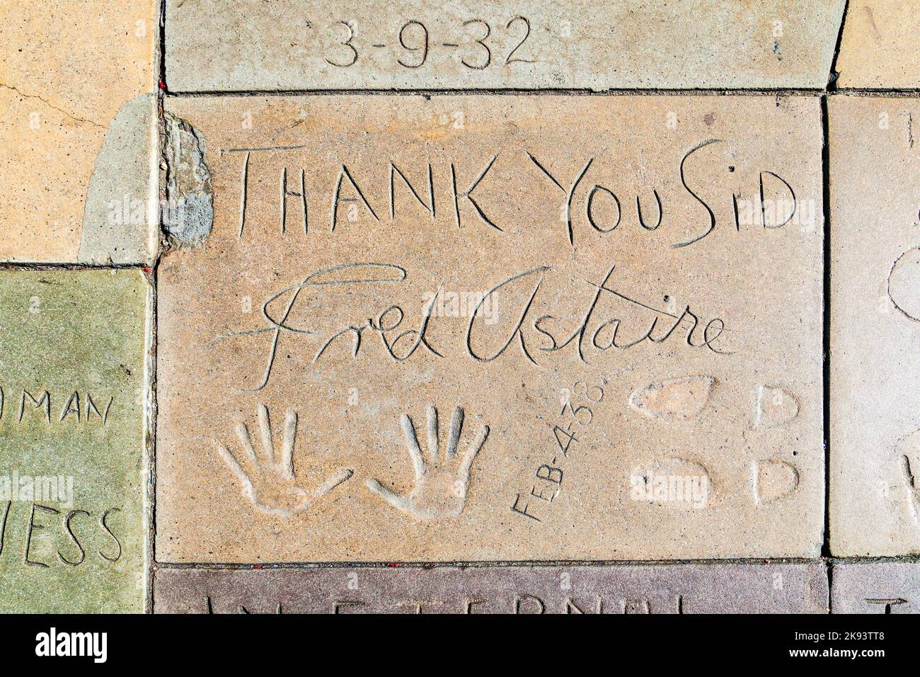 Los Angeles, USA - JUNE 26, 2012 :  handprints of Fred Astaire on Hollywood Boulevard  in Los Angeles. There are nearly 200 celebrity handprints in th Stock Photo