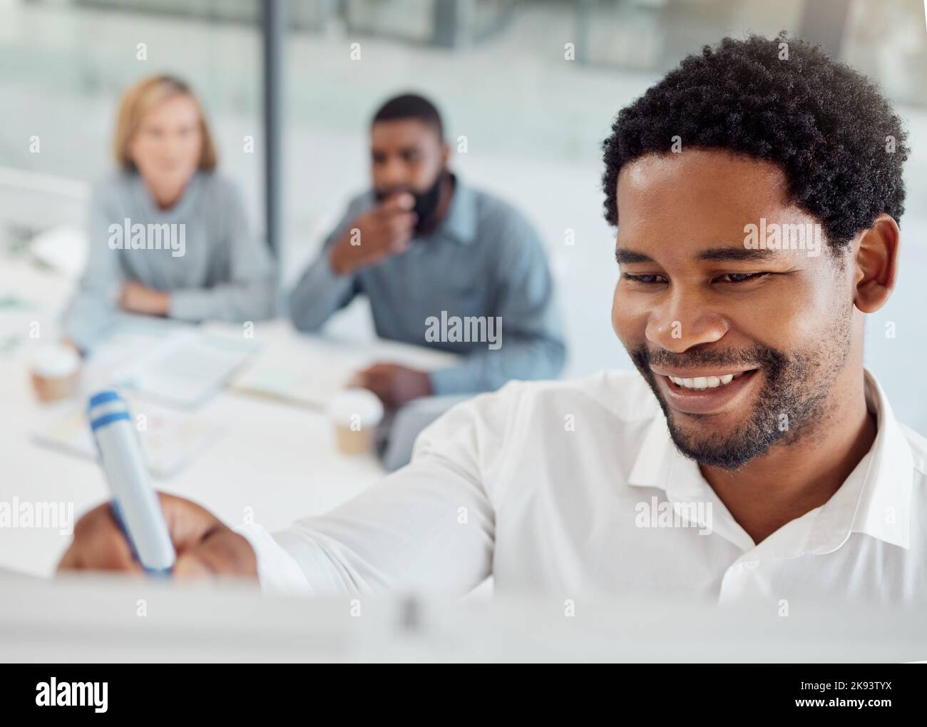 Black man, writing and board in office for meeting, presentation and planning in marketing, goal or vision. Businessman, smile and pen for drawing Stock Photo