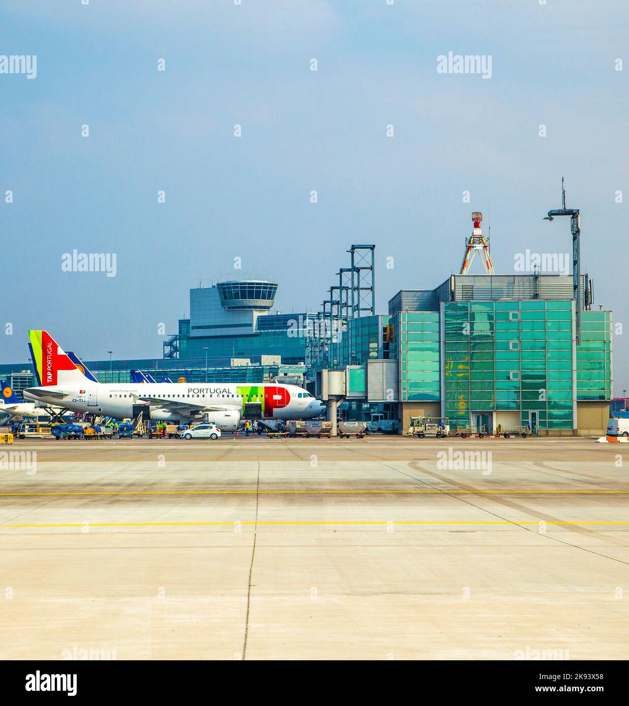 Frankfurt, Germany - March 28, 2013: TAP Flight ready to head to runway  in Frankfurt, Germany. New Terminal A is under construction for airport enlar Stock Photo