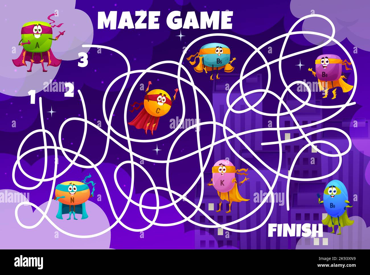 Cartoon vitamin superhero characters in night city, labyrinth maze 