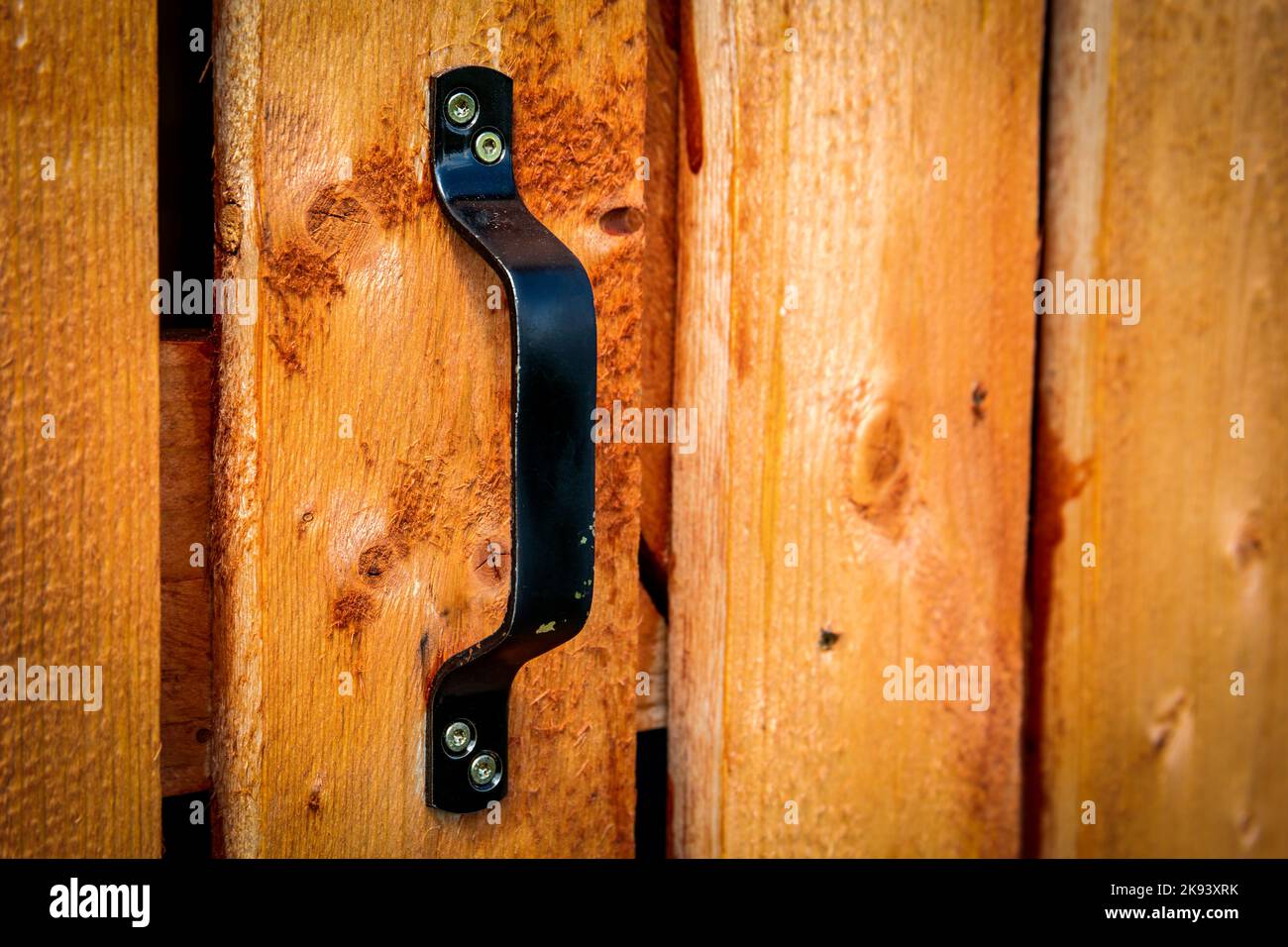 Black door handle on wooden plank door Stock Photo Alamy