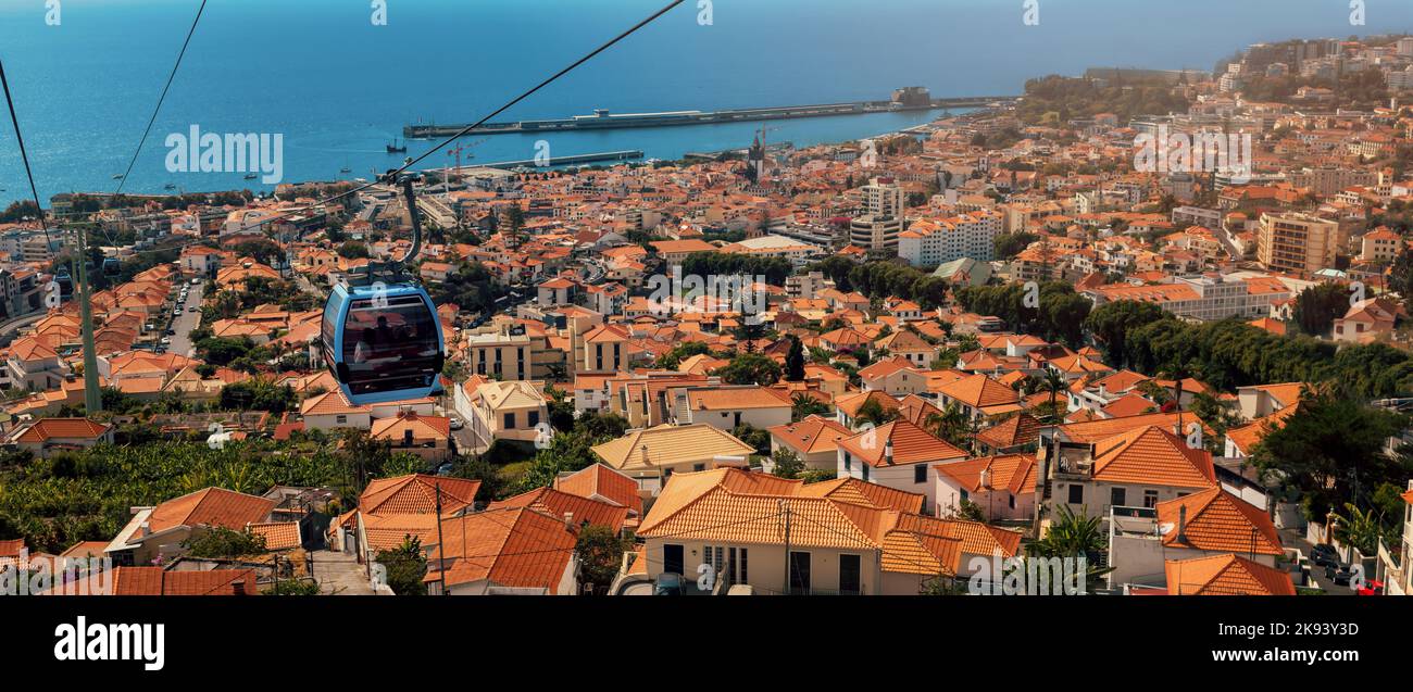 aerial view of Funchal panorama with traditional cable car. Madeira