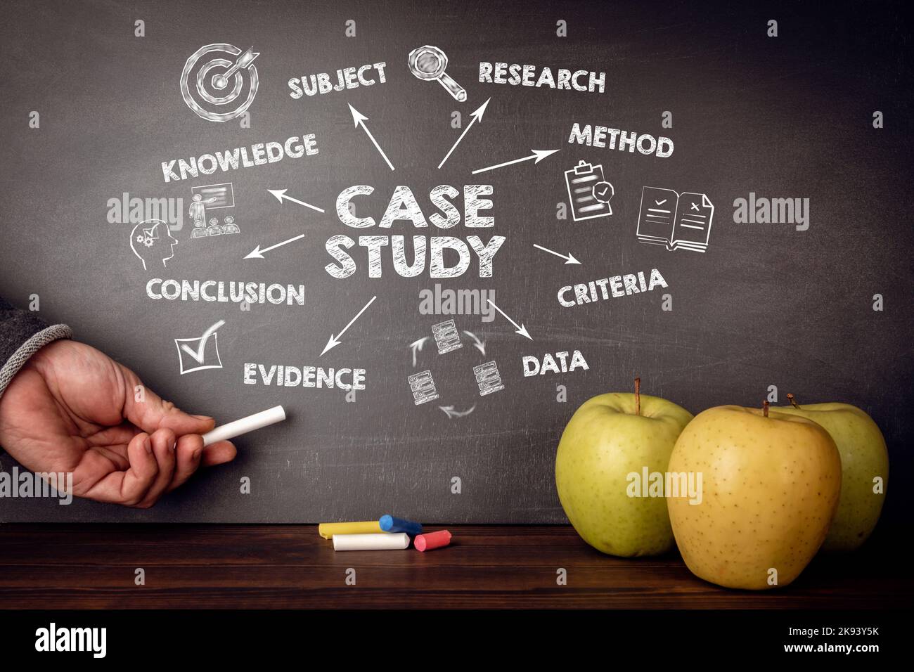 Case study concept. Chart with keywords and icons. Apples and