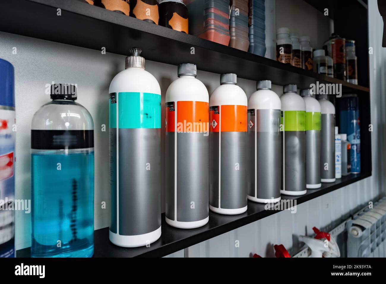 Plastic bottles with car cleaning chemical bottles in car service Stock Photo Alamy