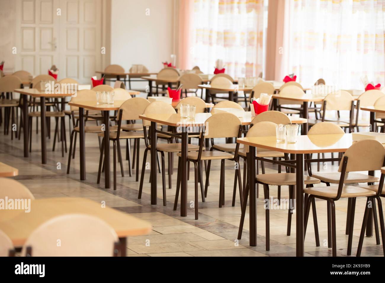 Cafeteria or canteen interior. School cafeteria. Factory canteen with