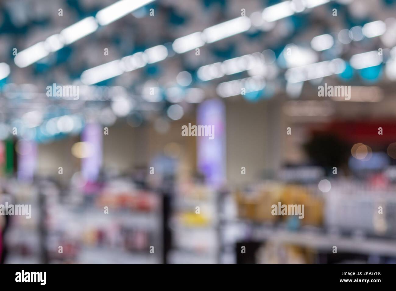 Blurred image a beauty stores with variety of prestige and mass cosmetics, makeup, fragrance, skincare, bath and body, hair care tools and salon, nail Stock Photo