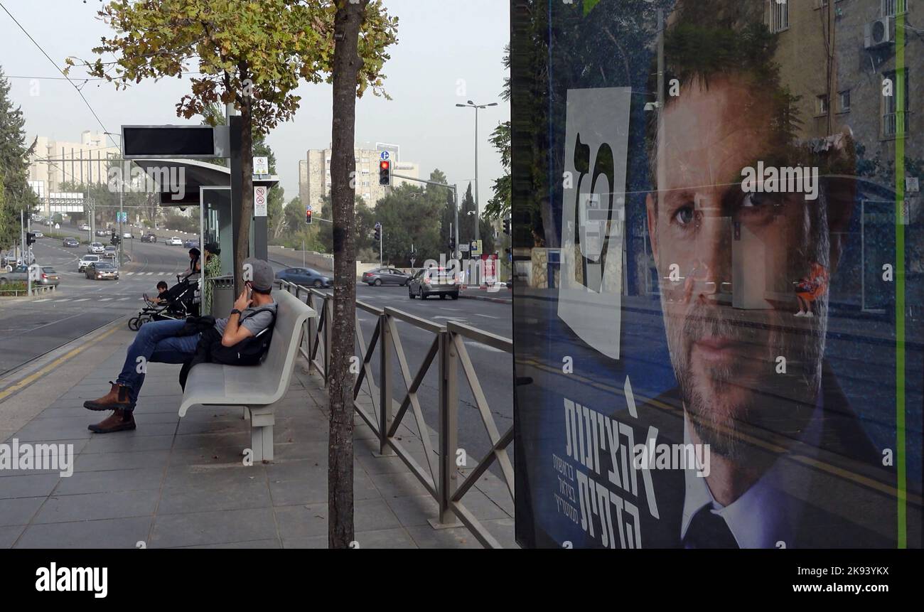 An election campaign poster for the far right Religious Zionism party (HaZionut HaDatit) depicting its leader Bezalel Smotrich is displayed in Beit HaKerem neighborhood on October 25, 2022 in Jerusalem, Israel. Public opinion polls show significant support for the Religious Zionism party running together with the far-right Jewish Power ahead of parliamentary elections set for November 1 Stock Photo