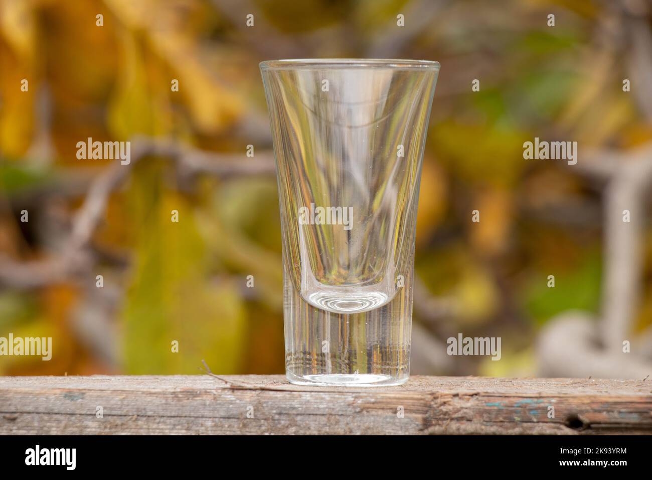 empty glass goblet for alcoholic beverages stands on a wooden table in yellow leaves in the autumn on the street Stock Photo