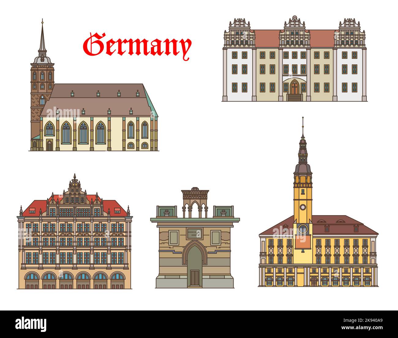 Germany buildings of Gorlitz and Bautzen, vector architecture. German travel landmark buildings of St Peter cathedral, Ortenburg castle and Holy Sepulchre, Rathaus or town hall in Saxony Stock Vector
