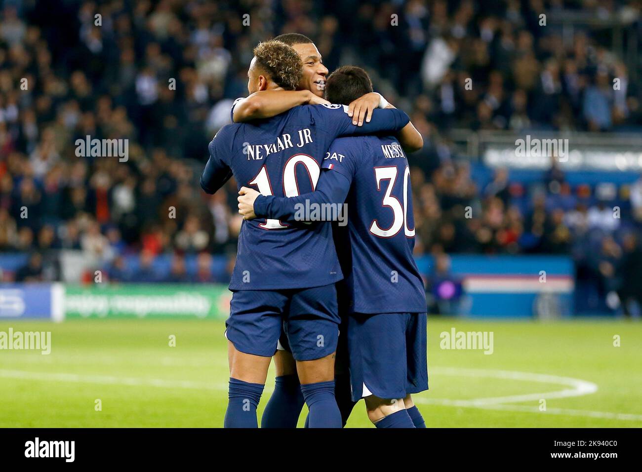 Paris, France. 25th Oct, 2022. (L-R) Neymar, Kylian Mbappe, Lionel Messi (PSG) Football/Soccer : Neymar, Mbappe and Messi celebrate after Neymar's goal during UEFA Champions League group stage Matchday 5 Group H match between Paris Saint-Germain 7-2 Maccabi Haifa FC at the Parc des Princes in Paris, France . Credit: Mutsu Kawamori/AFLO/Alamy Live News Stock Photo