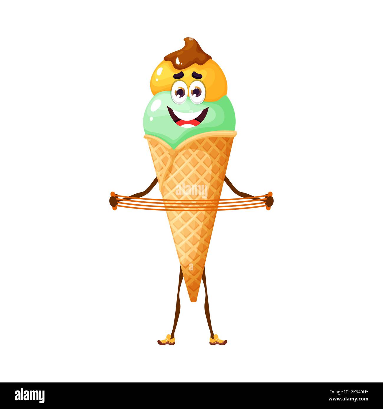 Cartoon ice cream character with expander. Isolated vector smiling