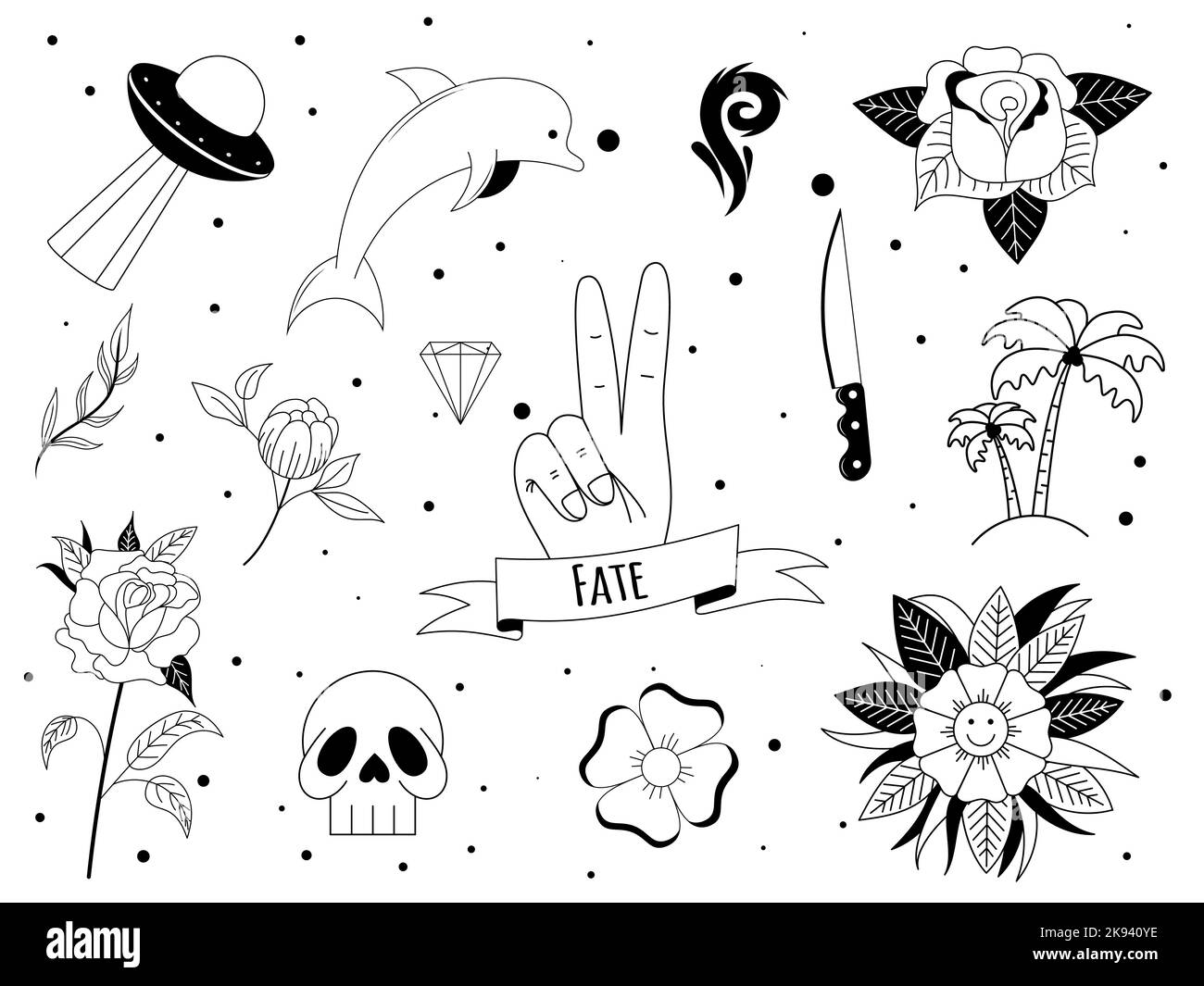 Set of tattoo in y2k, 1990s, 2000s style. Emo goth element design with