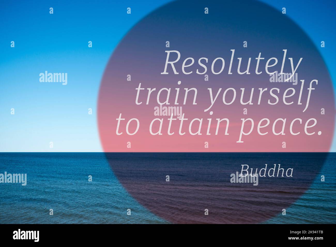 Resolutely train yourself to attain peace - famous quote of Gautama Buddha printed on photo with calm sea landscape Stock Photo