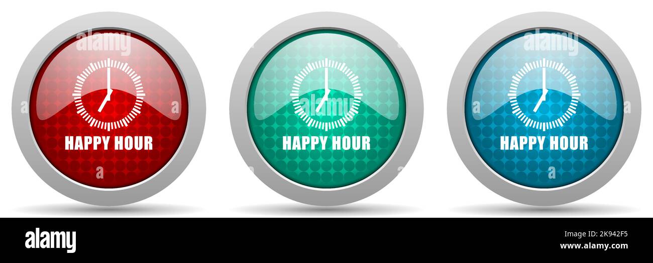 Happy hour vector icon set, glossy web buttons collection Stock Vector